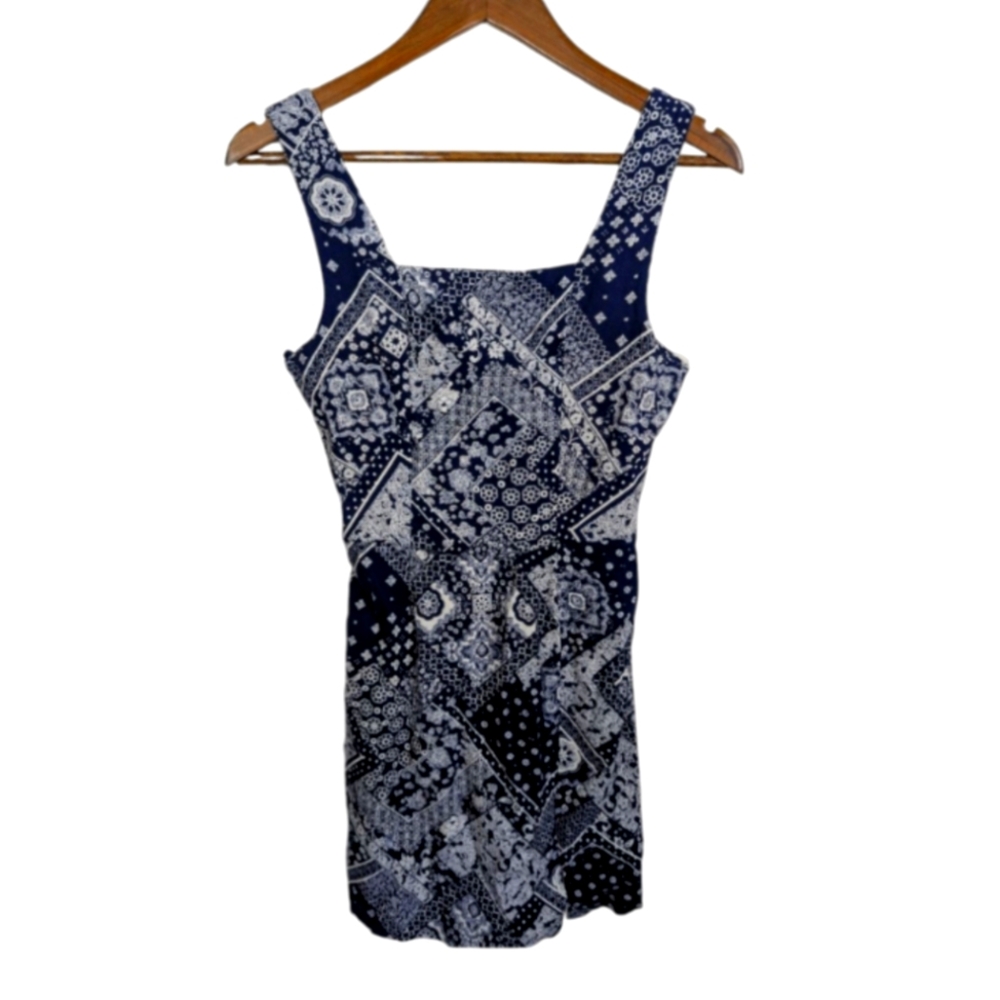 Monteau Handkerchief Print Rayon Linen Squareneck Mini Dress